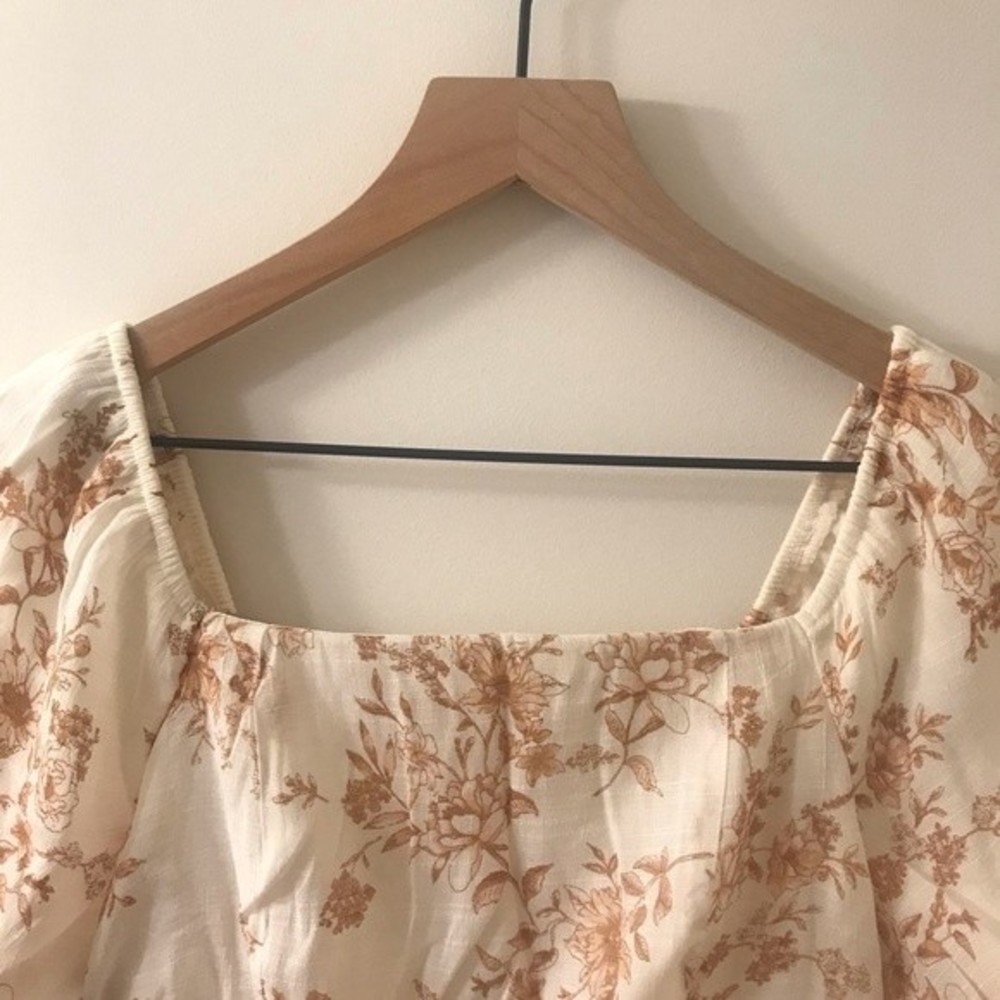 Blu Pepper Cream and Brown Floral Square Neck Puff Sleeve Mini Dress-Size Small - Picture 3 of 9